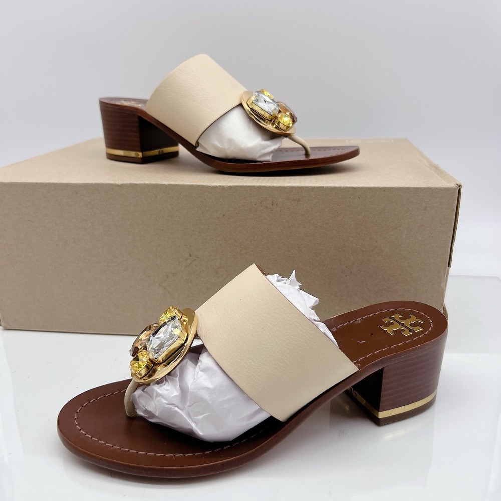 Tory Burch Patos Disk Embellished Women Heels Sandals Mules Beige Leather US 6.5